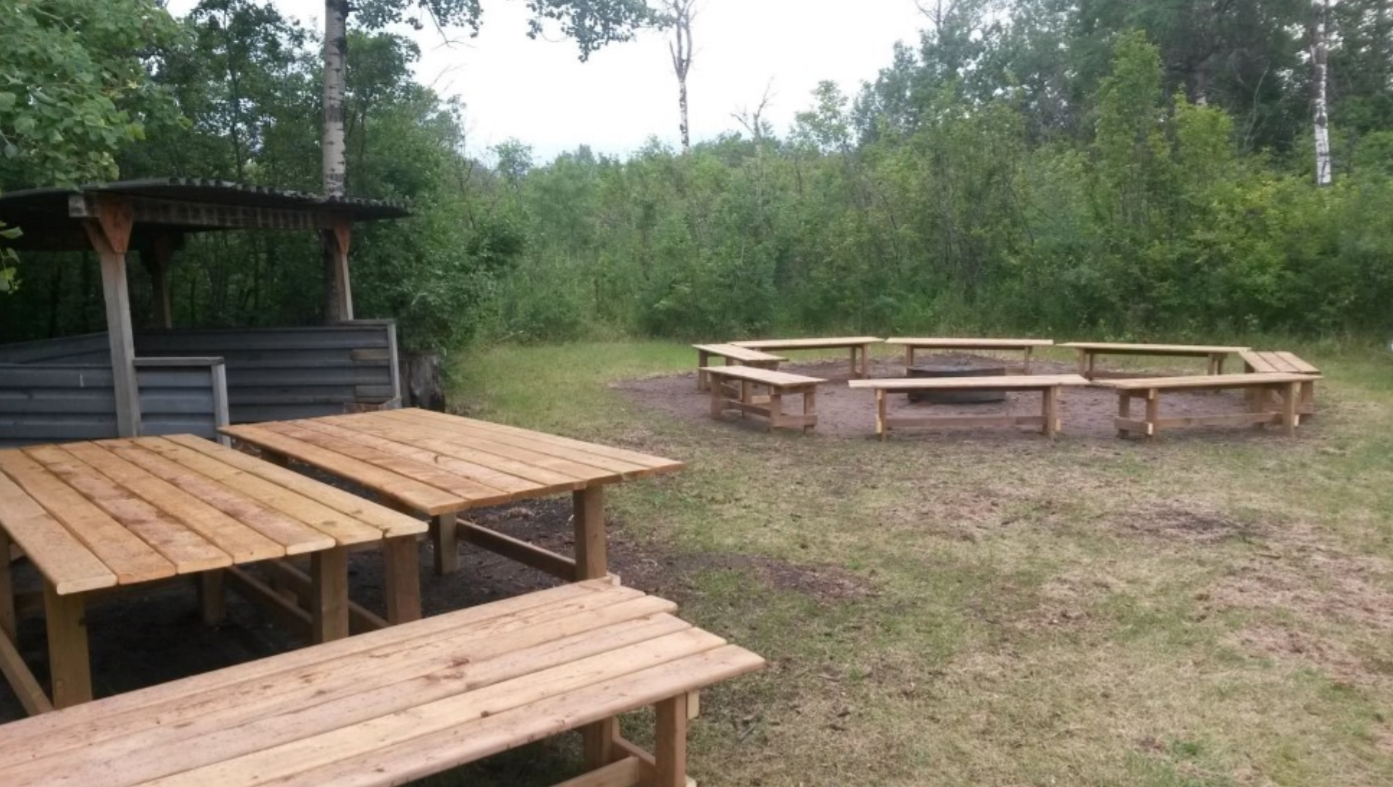 firepit with picnic tables